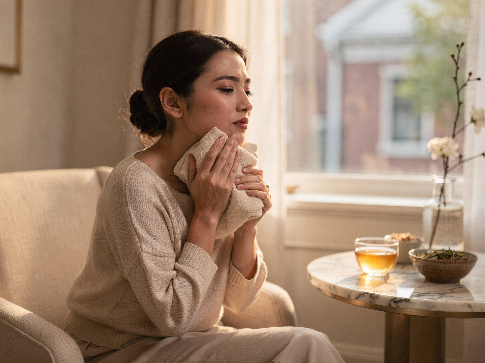 Woman holding her cheek in pain while sitting on a couch at home